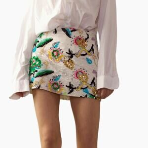Cynthia Rowley Embroidered Sequin Satin White Mini Skirt Size 6